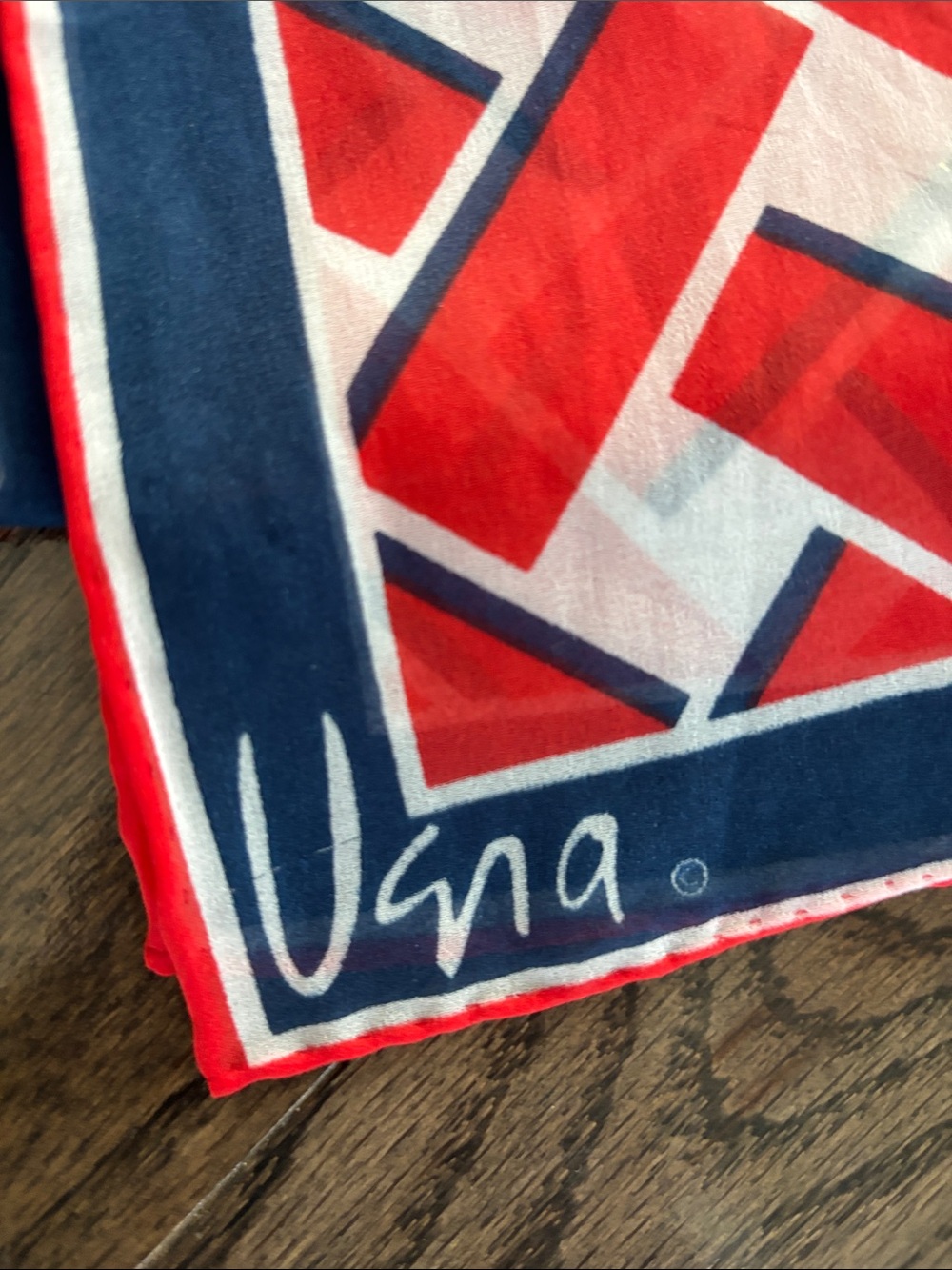 Vintage Vera silk blend? scarf, 15x44”, red/white/blue woven pattern